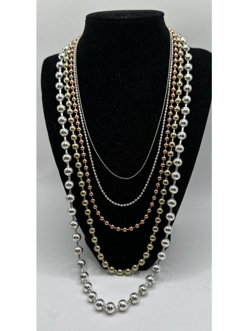 5 strand mixed metal tones bead ball Chain Necklace With 16” To 22” + 3”ext